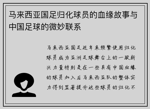 马来西亚国足归化球员的血缘故事与中国足球的微妙联系 马来西亚国足归化球员的血缘故事与中国足球的微妙联系